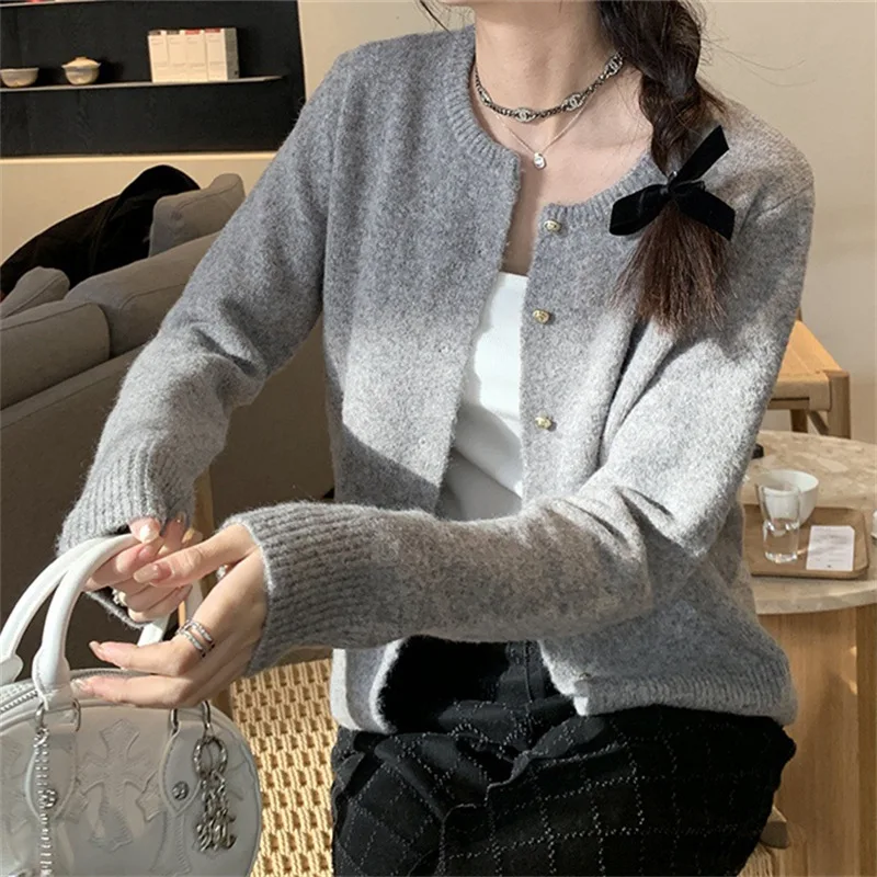 

Korean gray shoulder small gold button sweater, autumn and winter new lazy soft waxy knit cardigan, sweater coat women