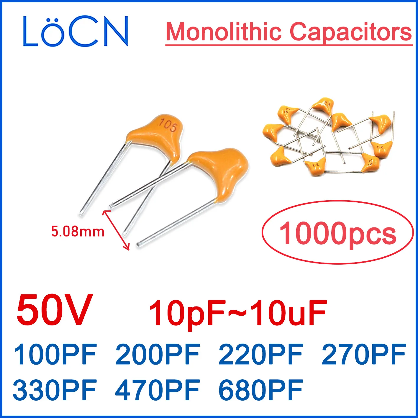 Condensador cerámico monolítico MLCC CT4 5,08 MM 50V 10% 100PF 200PF 220PF 270PF 330PF 470PF 680PF LoCN 1000 Uds