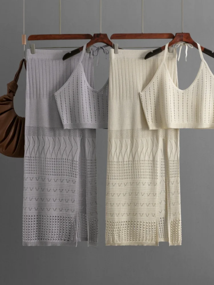 Women's summer short vest top two-piece set with high waist and slimming effect hollowed out slit waist and hip hugging skirt
