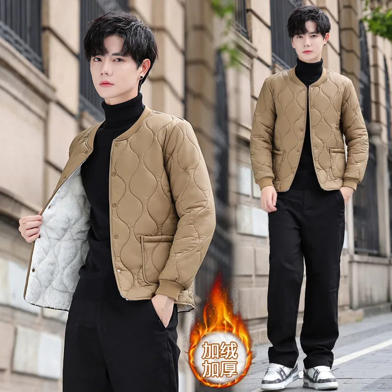 

2025 men's cotton jacket short winter men's style with fleece lining and lightweight hood for warmth