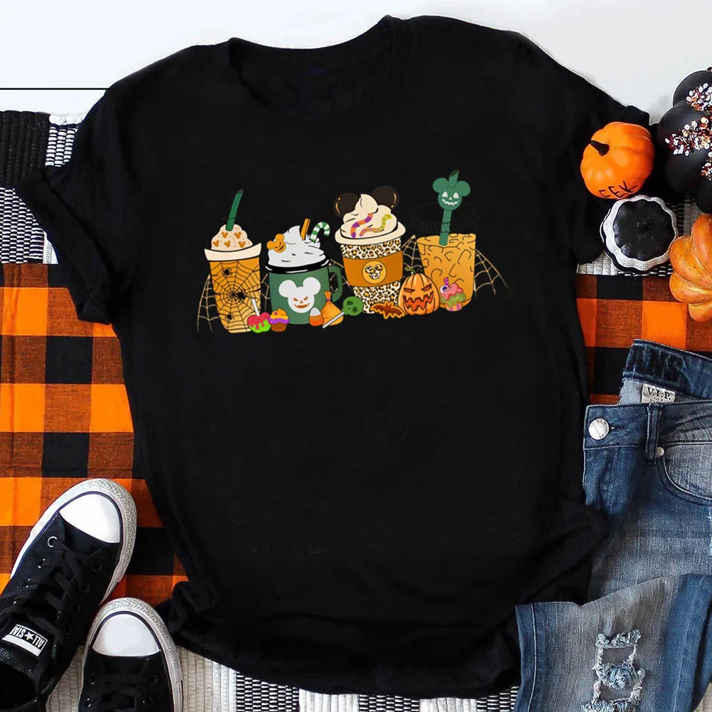 Women Halloween Pumpkin Coffee Latte Drink Cup Spice T-shirt Daily Girl Y2K Harajuku Tee Tops Female Sreewear Clothes