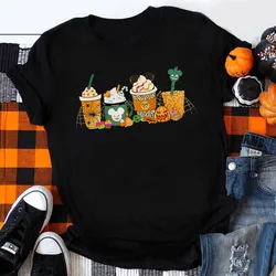 Women Halloween Pumpkin Coffee Latte Drink Cup Spice T-shirt Daily Girl Y2K Harajuku Tee Tops Female Sreewear Clothes