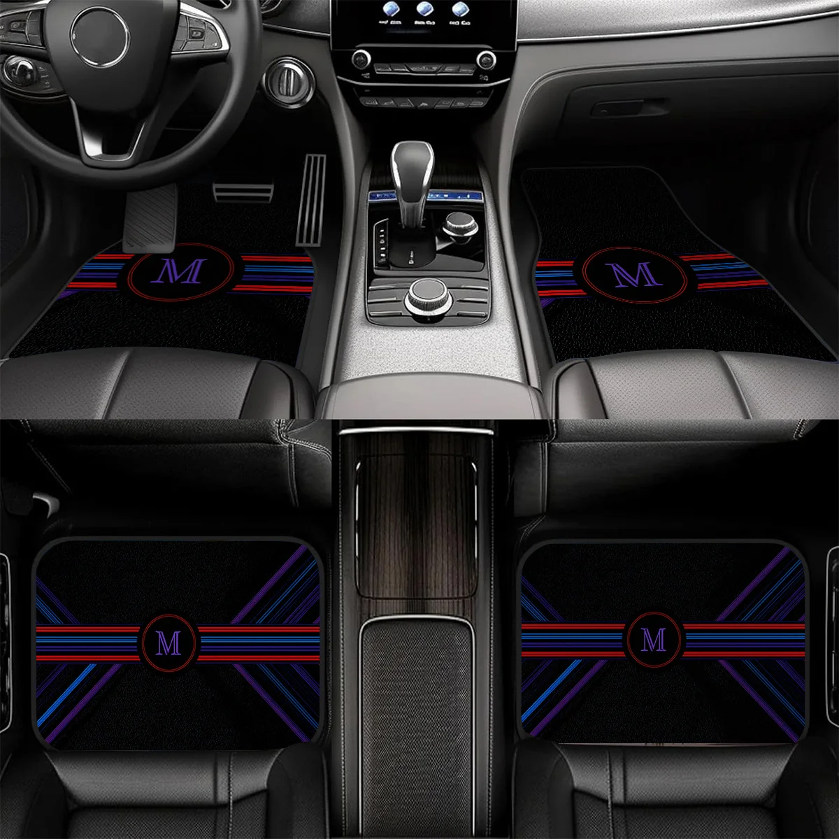 4pcs Classic Polyester Car Floor Mats With Red-Blue Cross Lines And 