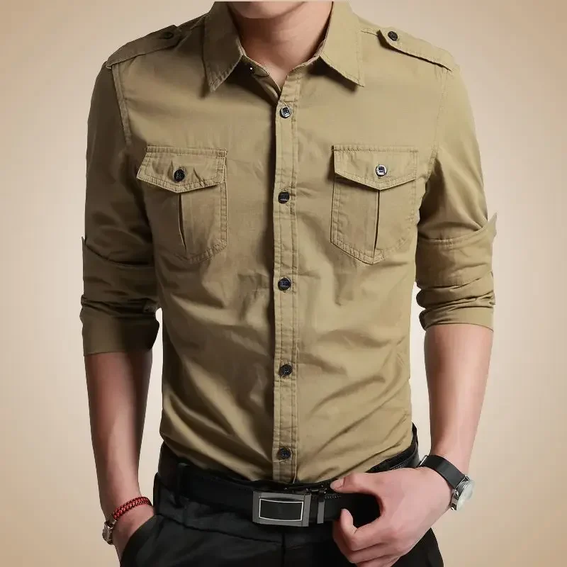 Men's Cotton Shirt Tooling Military Uniform Shirt Non-iron Long Sleeves Short Sleeve Spring and Fall Leisure Outdoor Shirt