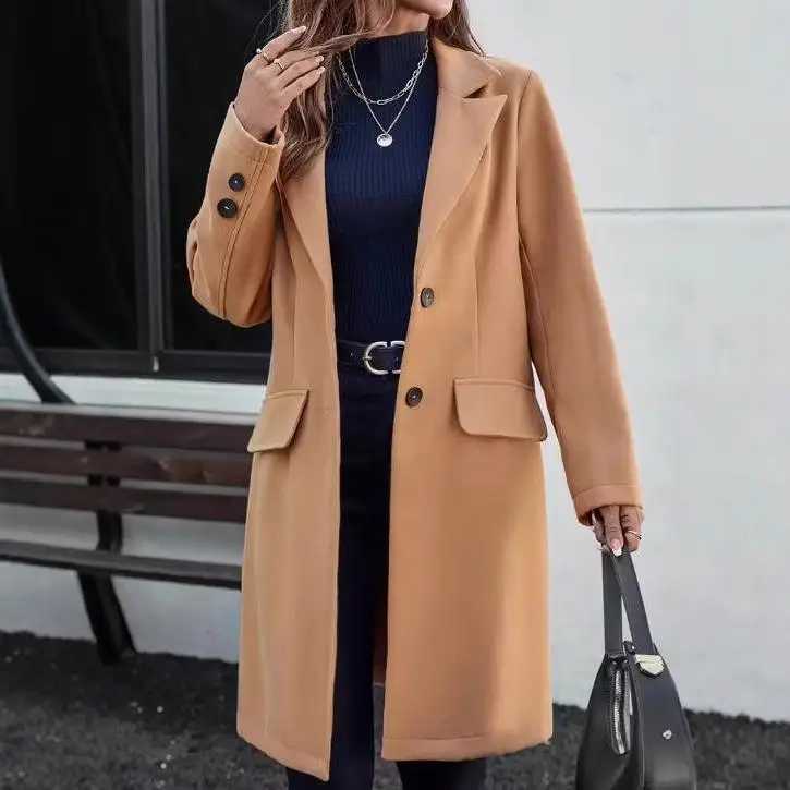 Ele Faionable Wełniany Płaszcz Damski Długi Jednorzędowy z Klapami Średniej Długości Casualowa Odzież Wierzchnia Jesień Zima Damska F...
