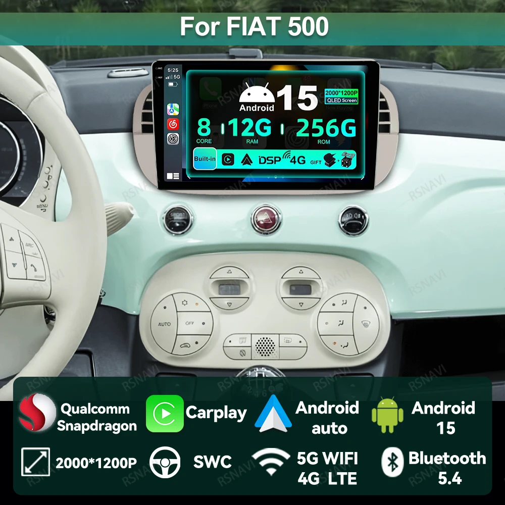 راديو السيارة أندرويد 15 لشركة فيات 500 وحدة الملاحة الرئيسية QLED اللاسلكية Carplay السيارات ستيريو DVD 4G LTE فيدو لاعب الوسائط المتعددة DSP