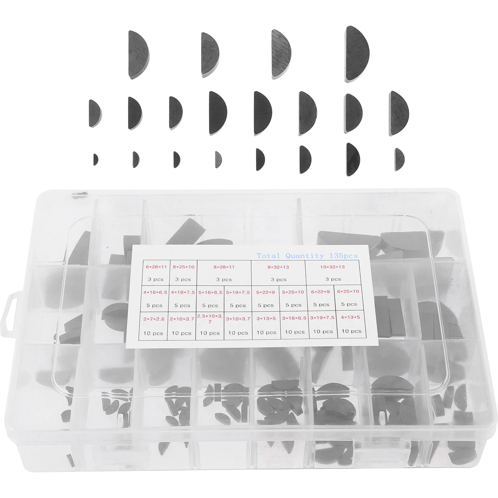 

135pcs Crescent Key Set Carbon Steel Semicircle Woodruff Keyway Pins Assortment Kit Metric Half Pulleys Drive Shaft