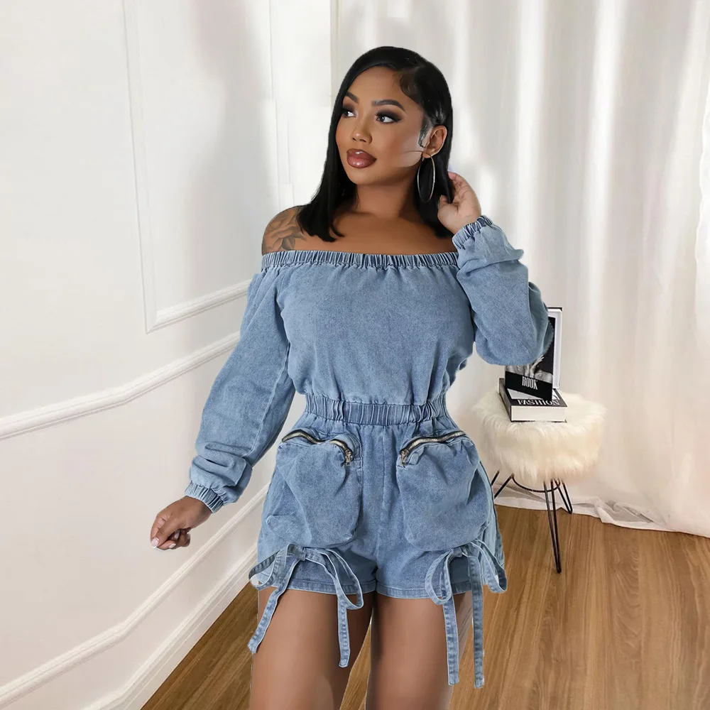 Wsomen Jumpsuit Autumn Fashion Off Shoulder Pocket Elastic Denim Cargo Shorts Jumpsuit Sexy Backless Tight Tube Top Jeans Romper