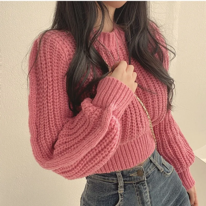 

4 Colors 2024 Winter Autumn Knitted Sweater Pullovers New Design Cute Sweet Korean Girls Solid O Neck Short Crop Knit Tops 후드티