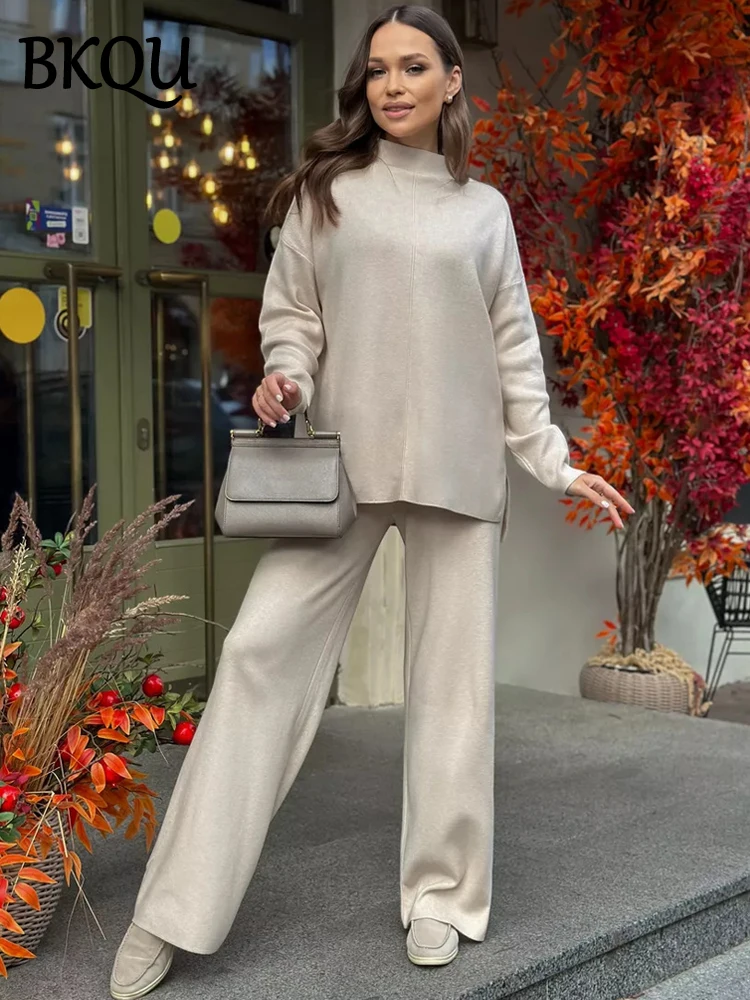 BKQU Casual Split Long Sleeve Sweater Pants Suits Women\'s Knitted Two Piece Sets Loose Soft Winter Female Commuting Outfits 2025