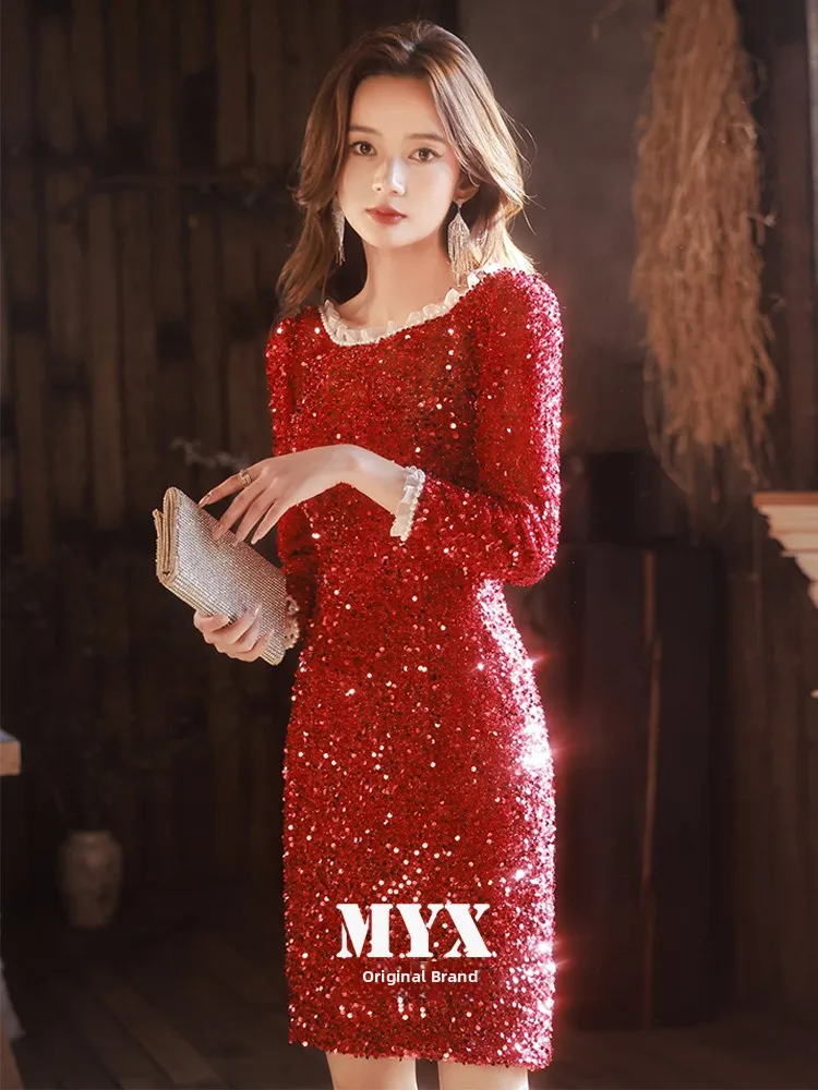 

Red Wedding Dr ort Sparkling Bridal Gown for Women Korean Sle Long Sve Zipper Closure mid Waist ort Skirt