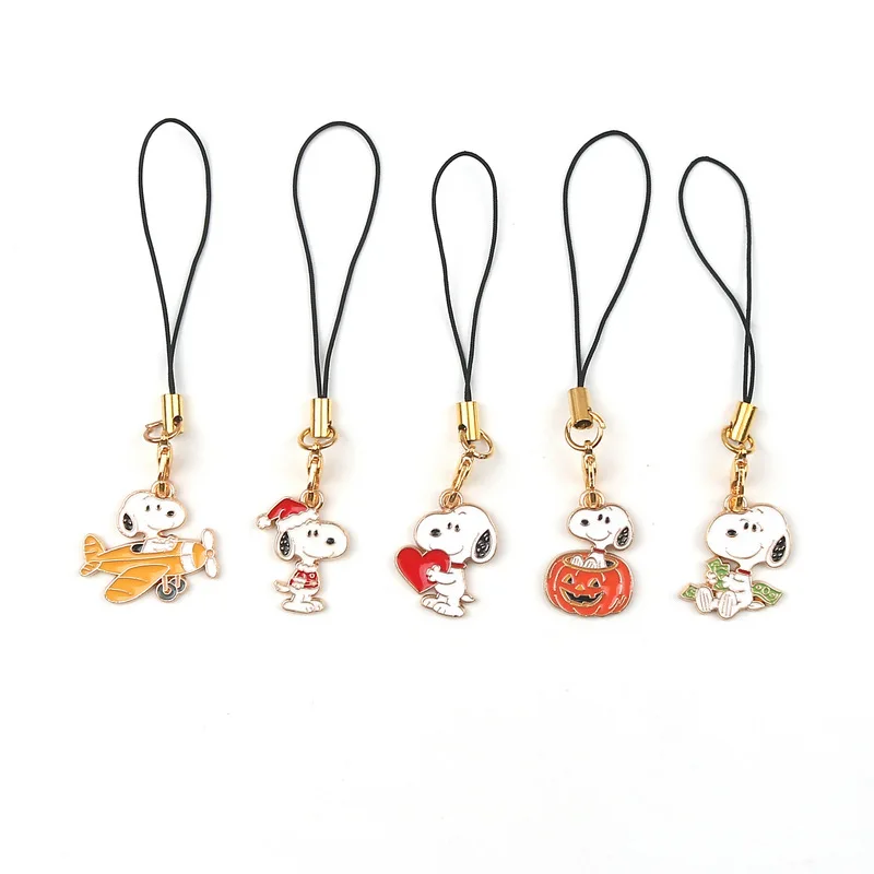 5 יחידות Kawaii Snoopy Cartoon שרשרת טלפון שרשרת מפתח שרוך ילקוט קסם תליון תיק מחזיק מפתחות תכשיטי מתנה לילדות ולילדים