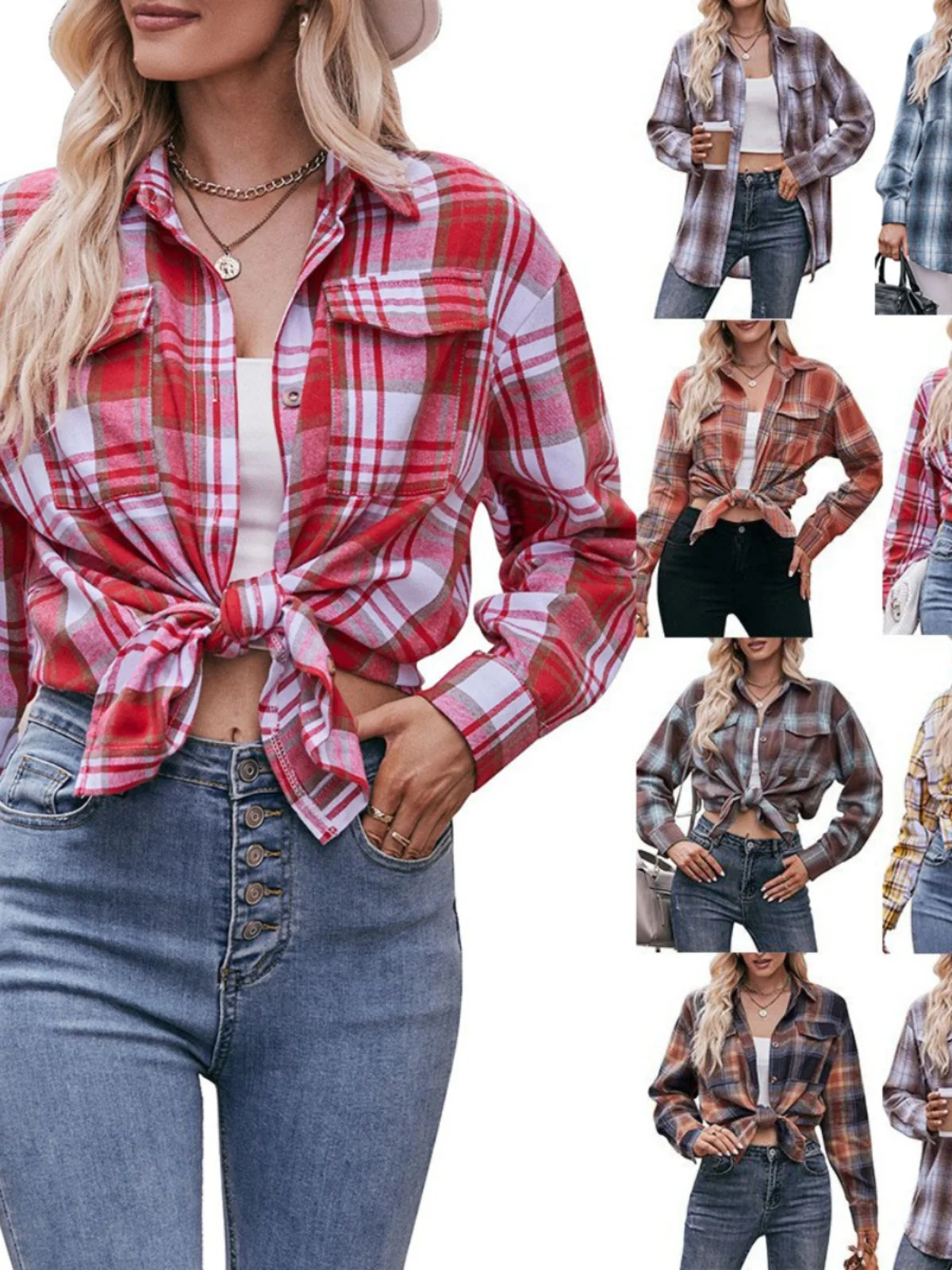 Faionable Plaid Long Sve irt femmes coupe droite Polyester col chaud longueur régulière imprimé Cardigan ouvert