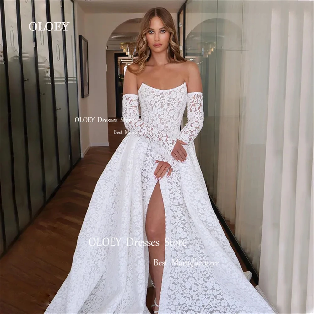 OLOEY Exquisite Ivory Lace Wedding Dresses Photoshoot Detachable Sashes Bridal Gown With Sleeves Scoop Neck High Slit Party Gown