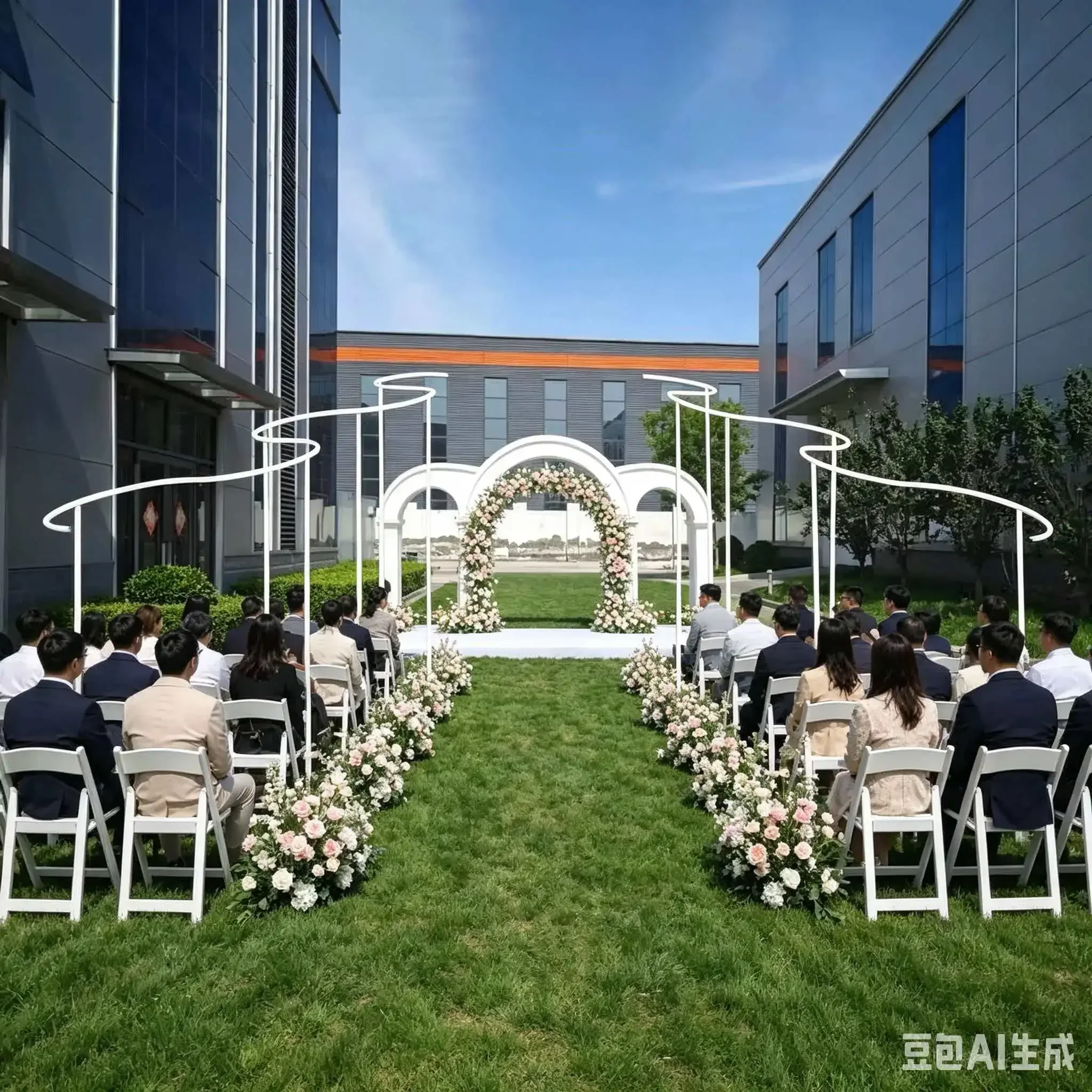 Stilvoller Wellenförmiger Rahmen 2-teilig Luxuriöser Hochzeitsbogen Hintergrundständer Maßgefertigte Dekoration für Outdoor-Partys und Events Goldene Metallstruktur Flora – Detail 7