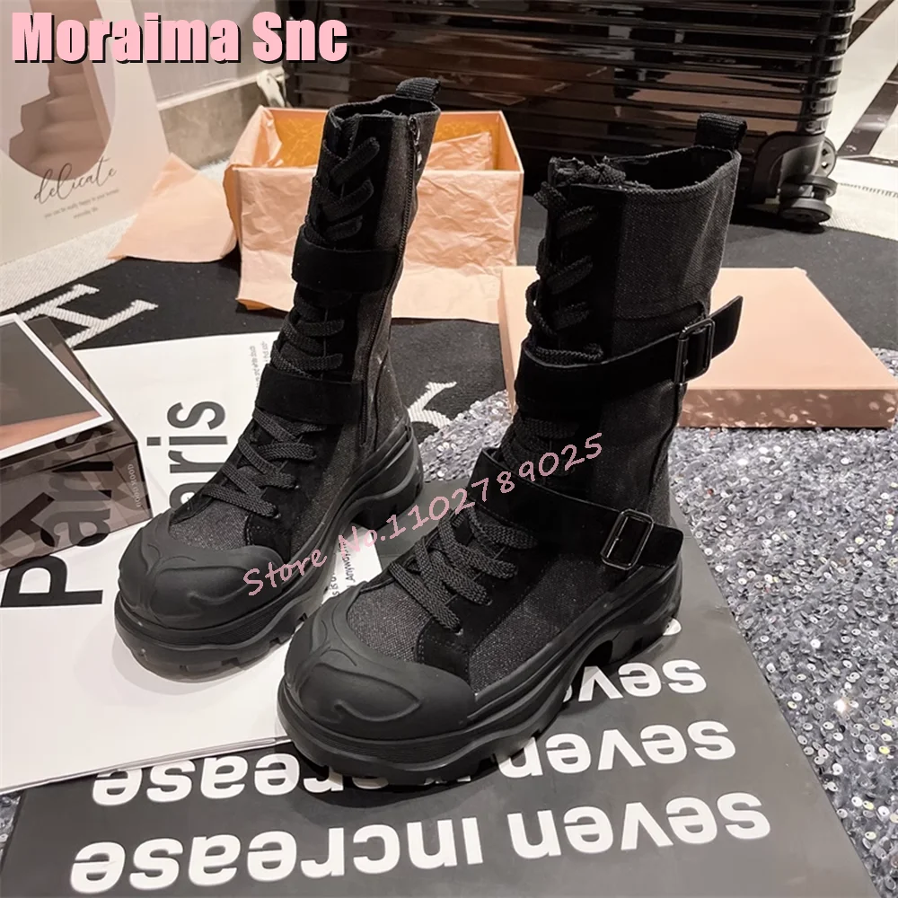 Modne pasek Retro klamry z okrągłym noskiem średnio wysokie buty z cholewami sznurowane boczny zamek błyskawiczny gruba podeszwa kobiet krótkie buty
