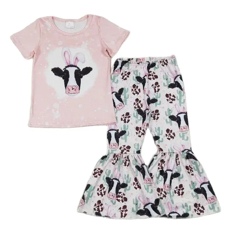 

RTS Baby Girls Wholesale Toddler Pink Easter Rabbits Ears Cow Top Western Bell Bottom Pants Boutique Outfits Clothes Sets