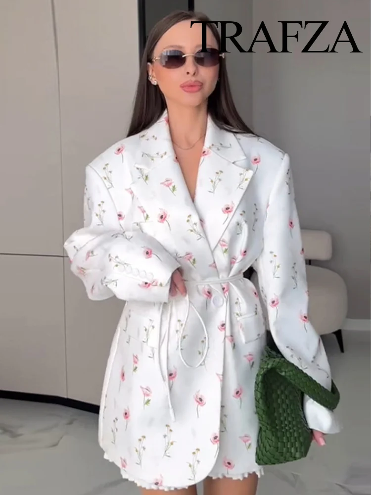

HH Women Autumn Fashion Lapel Fake Pocket Lace Up Decoration Long Sleeve Jacket Female Elegant Vintage Floral Blazer Coat
