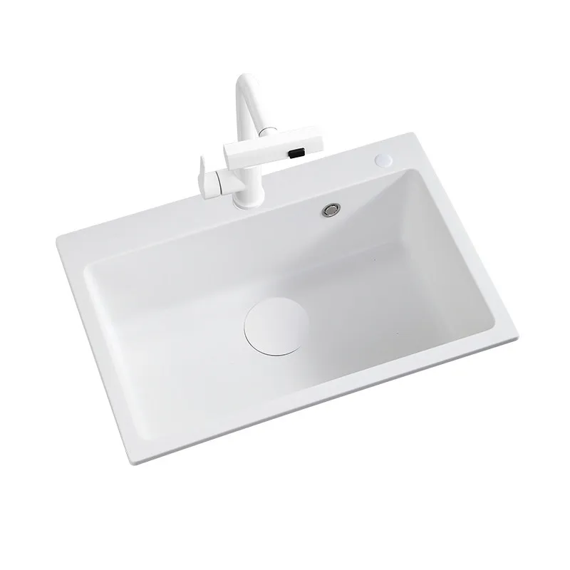 White quartz stone kitchen sink vegetable basin large single slot granite sink embedded table upper and lower sink