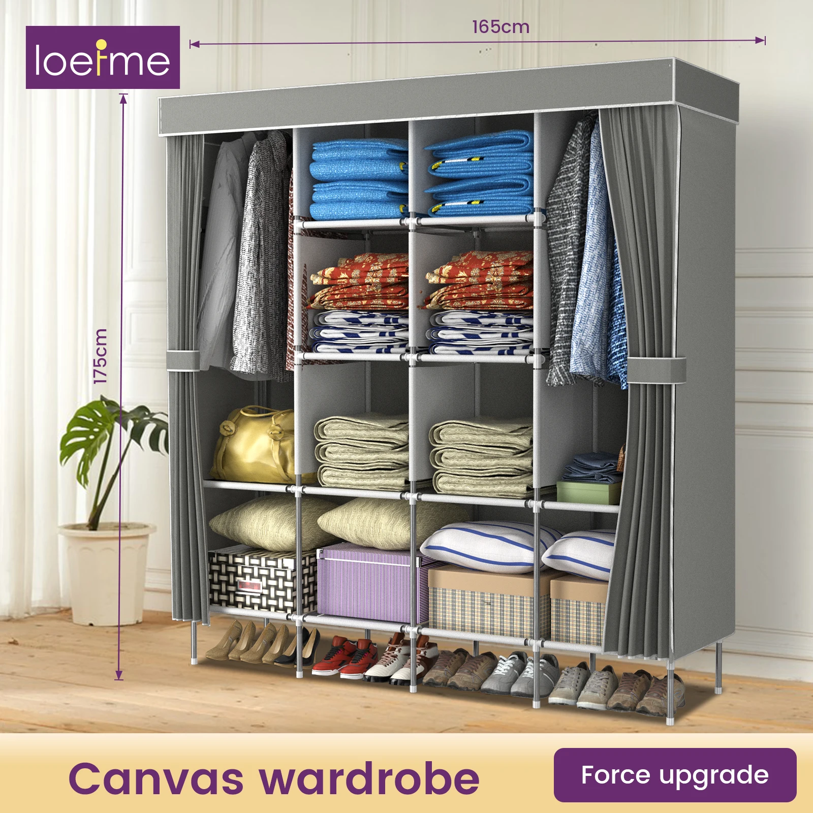 Canvas Wardrobe Portable Closet Wardrobe Clothes Storage with 4 Shelves,With Hanging Rail,Quick and Easy Assembly,Grey