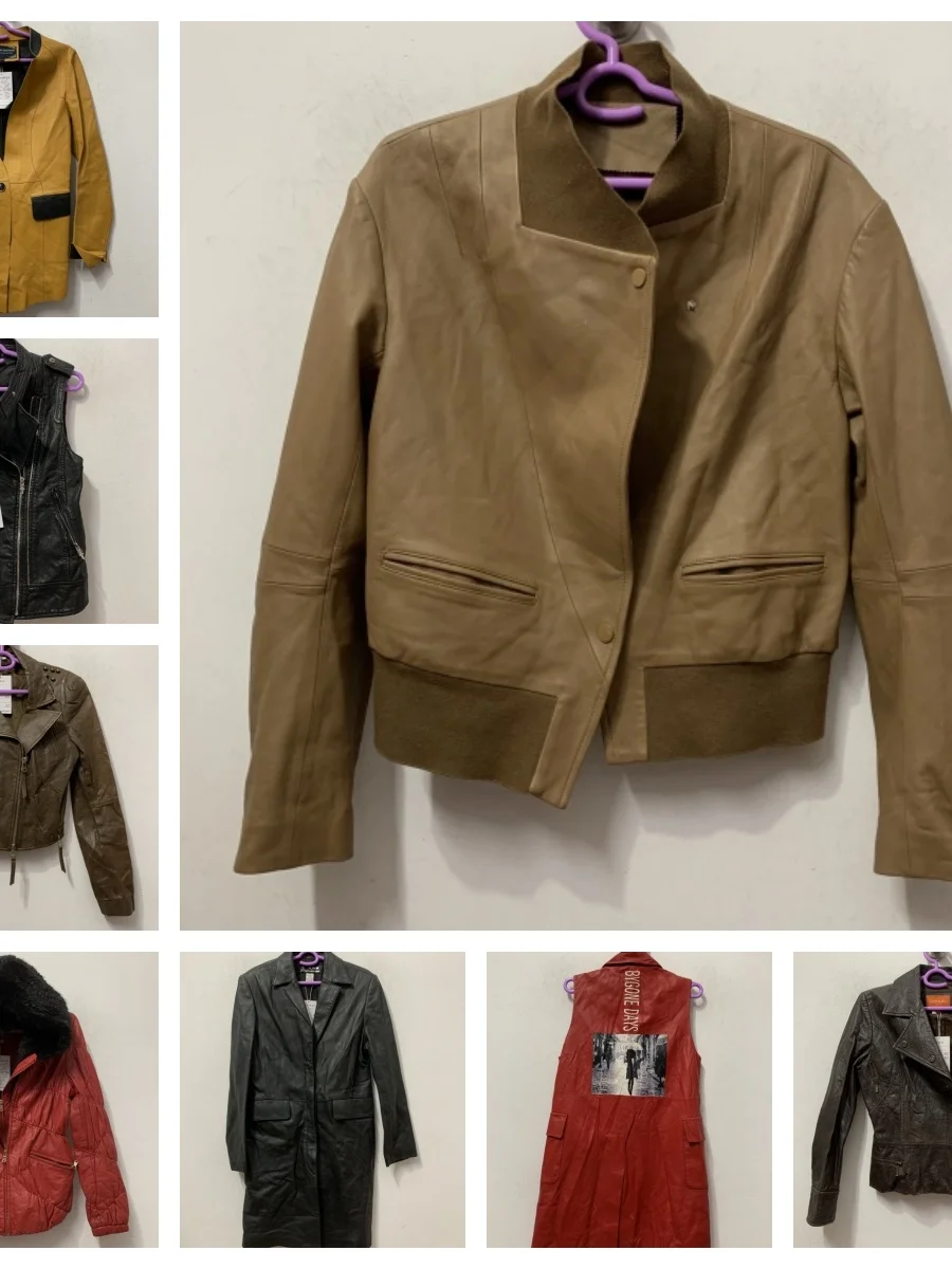 

Винтажная кожаная куртка женская приталенная из овчины с воротником-стойкой, уличный стиль, длинный рукав, на молнии, молодежная мода