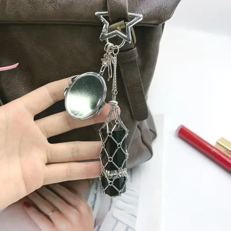 Kreative Lippenstift-Netztasche mit Bärenspiegel, Metallkette, Lippenbalsam-Beutel, Edelstahl-Tasche, Schlüsselanhänger, individuelles Logo, Geschenk für Frauen