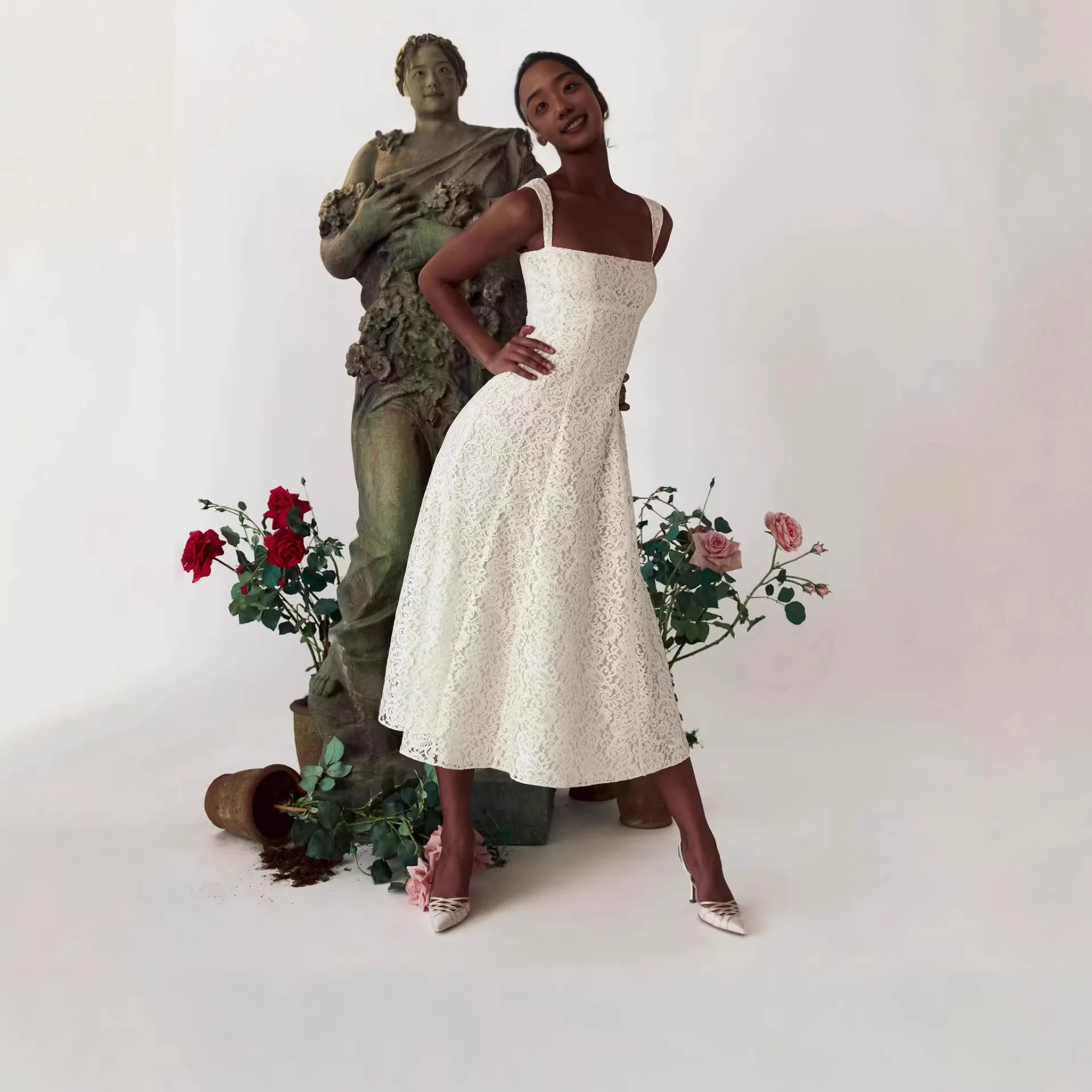 Elegant Lace Midi Dress for Women, Embroidered Hollow Out Sleeveless Dresses, Spring Summer Bohemian Maxi Dresses