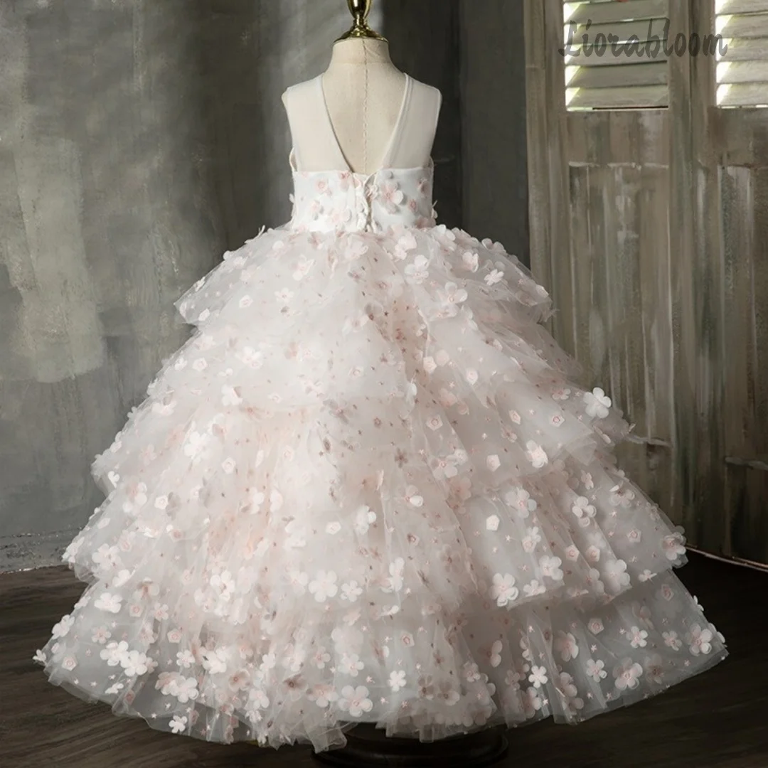 Abito da Cerimonia Rosa Crema per Adolescenti, Stile Sirena con Top e Gonna in Tulle, Petali 3D Scintillanti e Vita con Strass, Vestito da Sera Formale