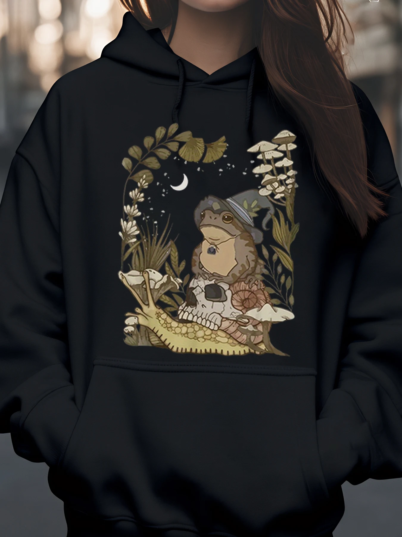 Sapo Assistente Crânio Cogumelo Estampado Moletom Halloween Casual Wear Mulheres