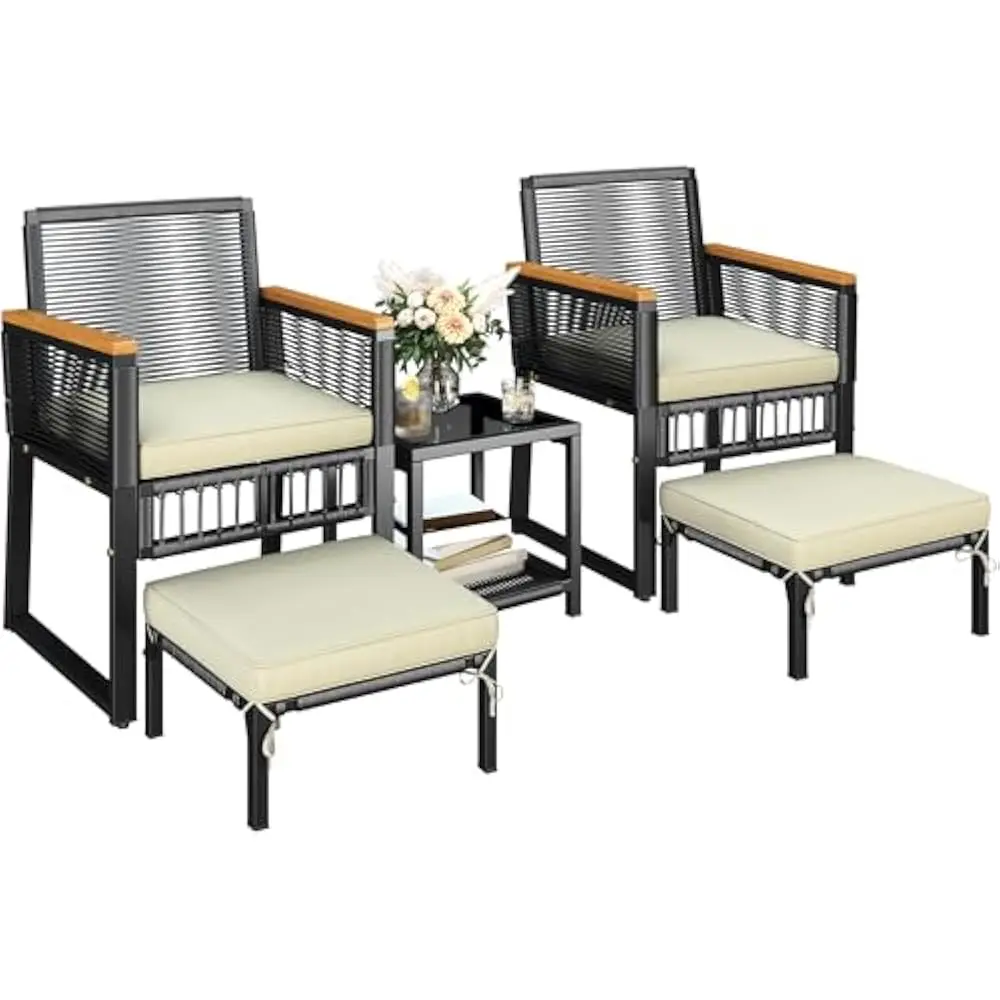 

5-Piece Outdoor Furnitures Set, Wicker Rattan with Armchairs, 2-Layer Side Table, Ottomans, Acacia Wood Armrest & Metal Frame