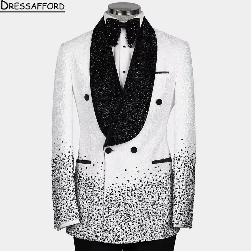 White jacquard groom wear formal black pearls beading men suits 2 piece jacket and pants sets smart casual business blazer