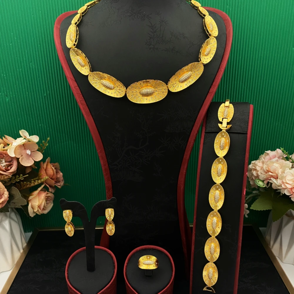 

JRH Women's Artificial Zircon Jewelry Set Gold-Plated Copper Bracelet Ring Necklace Earrings for Party Nigeria Kenya Fashion
