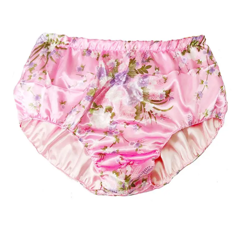 

Length 30-35cm Glossy Floral Print Ice Silk Satin Lingerie Panties Plus Size Underwear Sexy High Waist Briefs