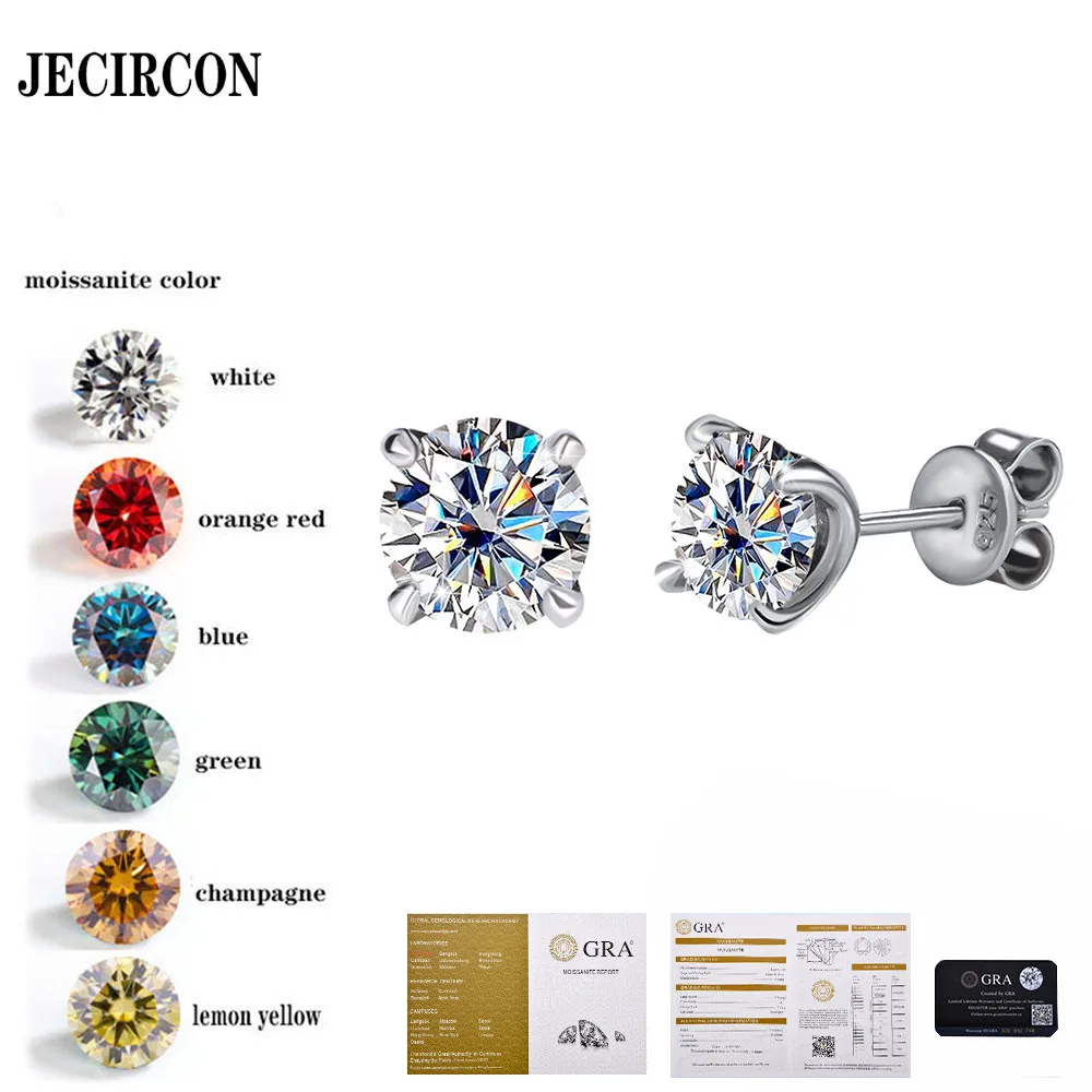 

JECIRCON 925 Sterling Silver Earrings for Women 1 Carat/2 Carat Simple 4 Claw Moissanite Stud Earring Fashion Party Fine Jewelry