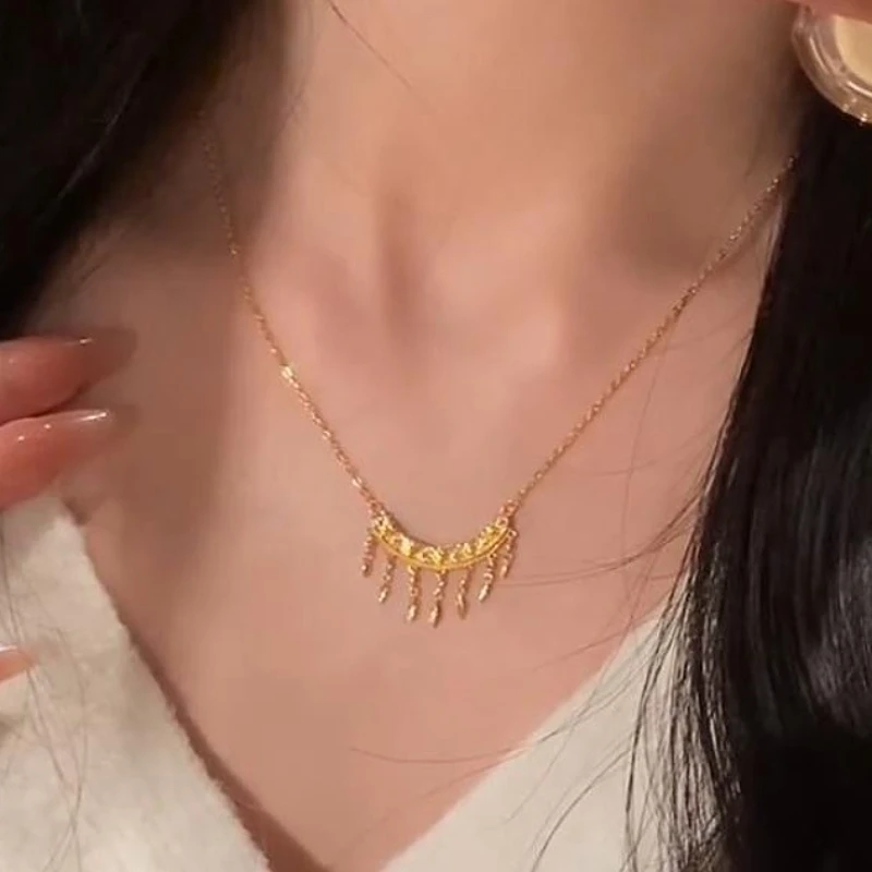 

S925 Sterling Silver Geometry Golden Crescent Tassel Zircon Necklaces for Women Fine Jewelry Light Luxury Minimalist Accessories