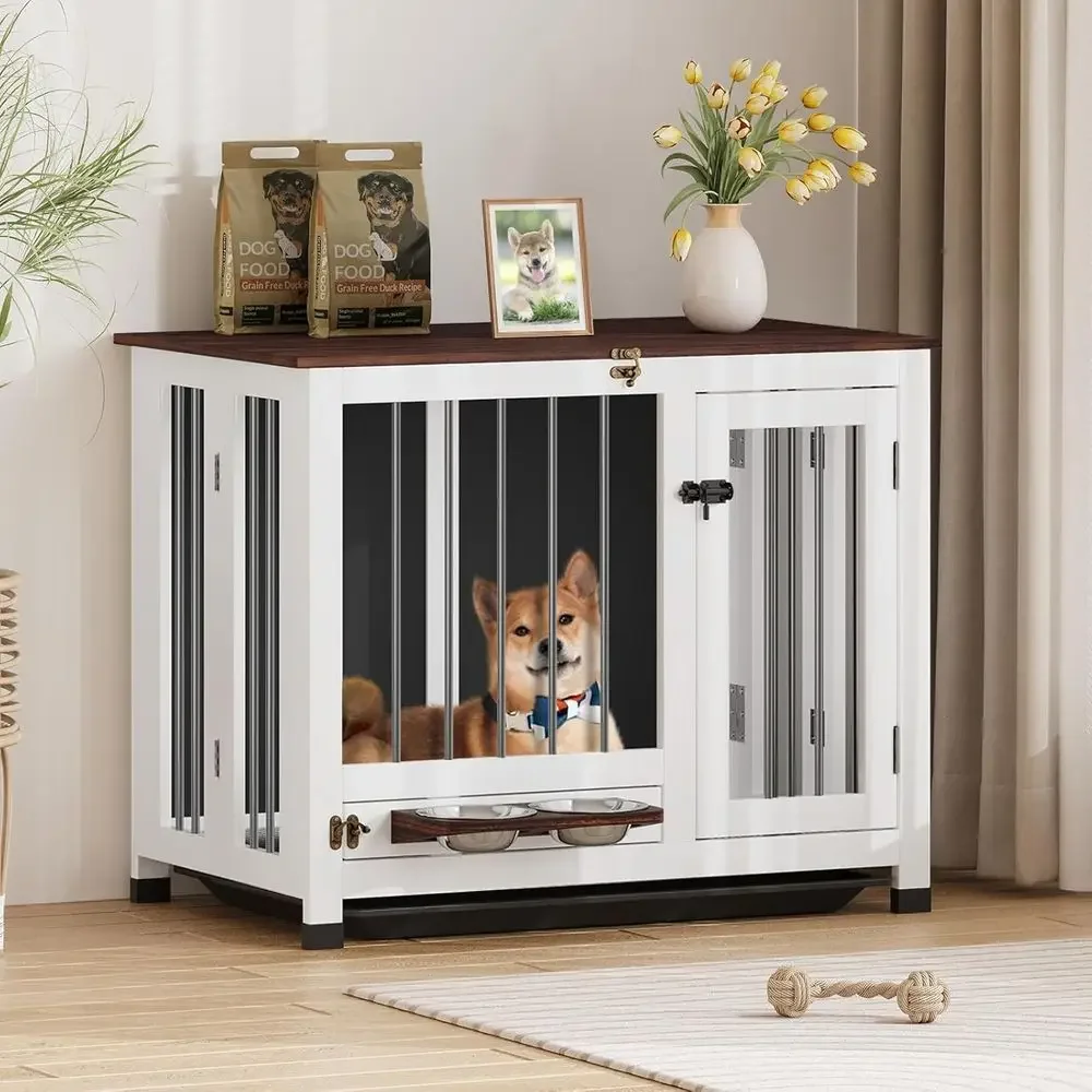 Wooden Dog Kennel with 360° Rotating Feeder, Removable Tray, and Multi-Functional End Table | Portable Pet Furniture for Medium