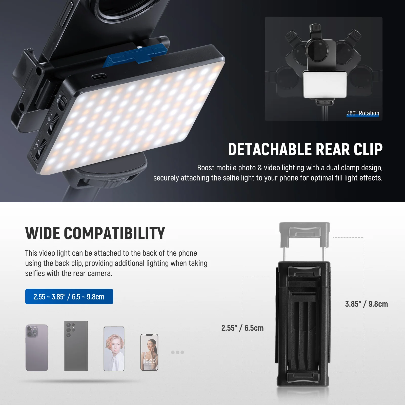 NEEWER LED-Selfie- und Tattoo-Licht, kompatibel mit iPhone, CPL-Filter/Stativständer/Telefonhalter zum Aufstecken für die Fotografie – Detail 7