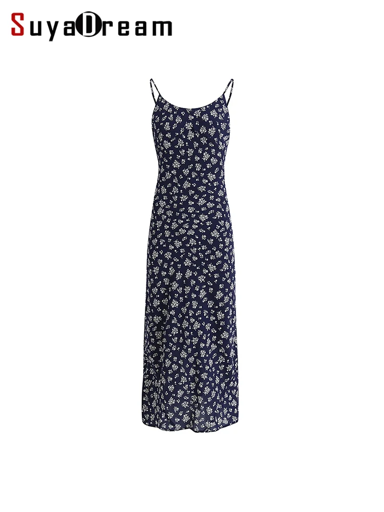 

SuyaDream, Woman Maxi Dress, 100%Real Silk, Spaghetti Strap, Backless, Floral Printed Dresses, 2025 Spring Summer Clothes, Navy