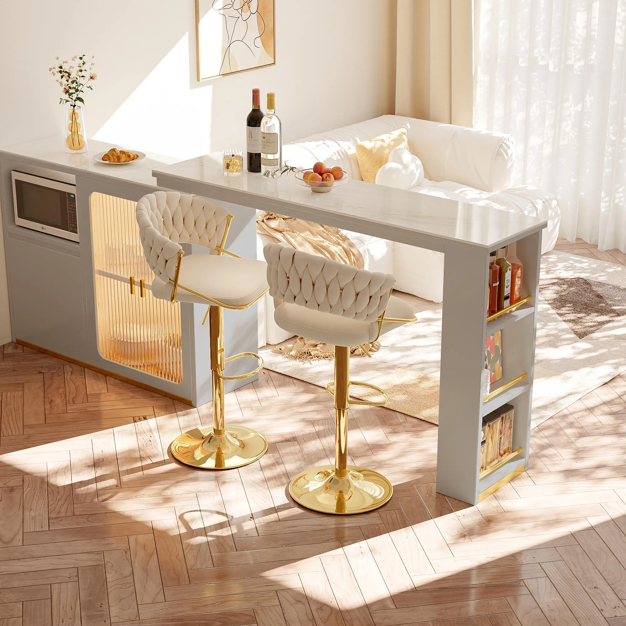 Paquete de 2 taburetes de bar y sillas de comedor con respaldo cómodo de terciopelo tejido a mano, taburete de mostrador de metal con base dorada de