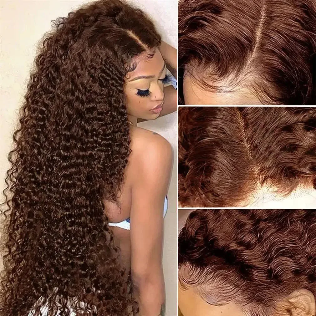 

Medium Brown Human Hair Wig Silk Base Deep Wave Brazilian Remy HD Transparent Full Lace Wig Silk Top Bleached Knots for Women