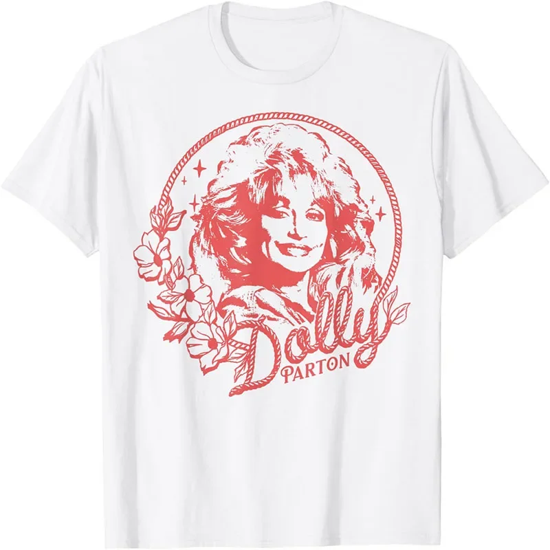 Women Vintage Dolly Parton Portrait T-shirt Country Music Star Floral Print Short Sleeve Casual Tee Tops