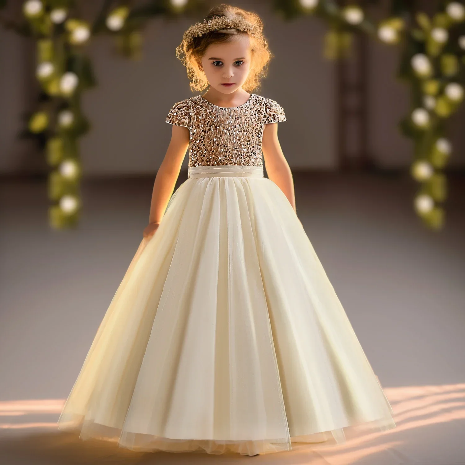 Sequins Flower Children\'s Wedding Party Long Dresses Elegant Girl Birthday Party Feast Dress Bridesmaid Evening Formal Dressing