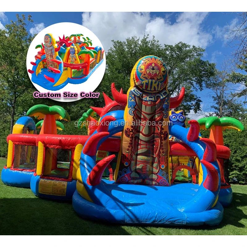 Commercial Inflatable Tiki Island Theme Park Obstacle Course Combo Bounce House Outdoor Bouncy Castle Sldie Playground  for Kids