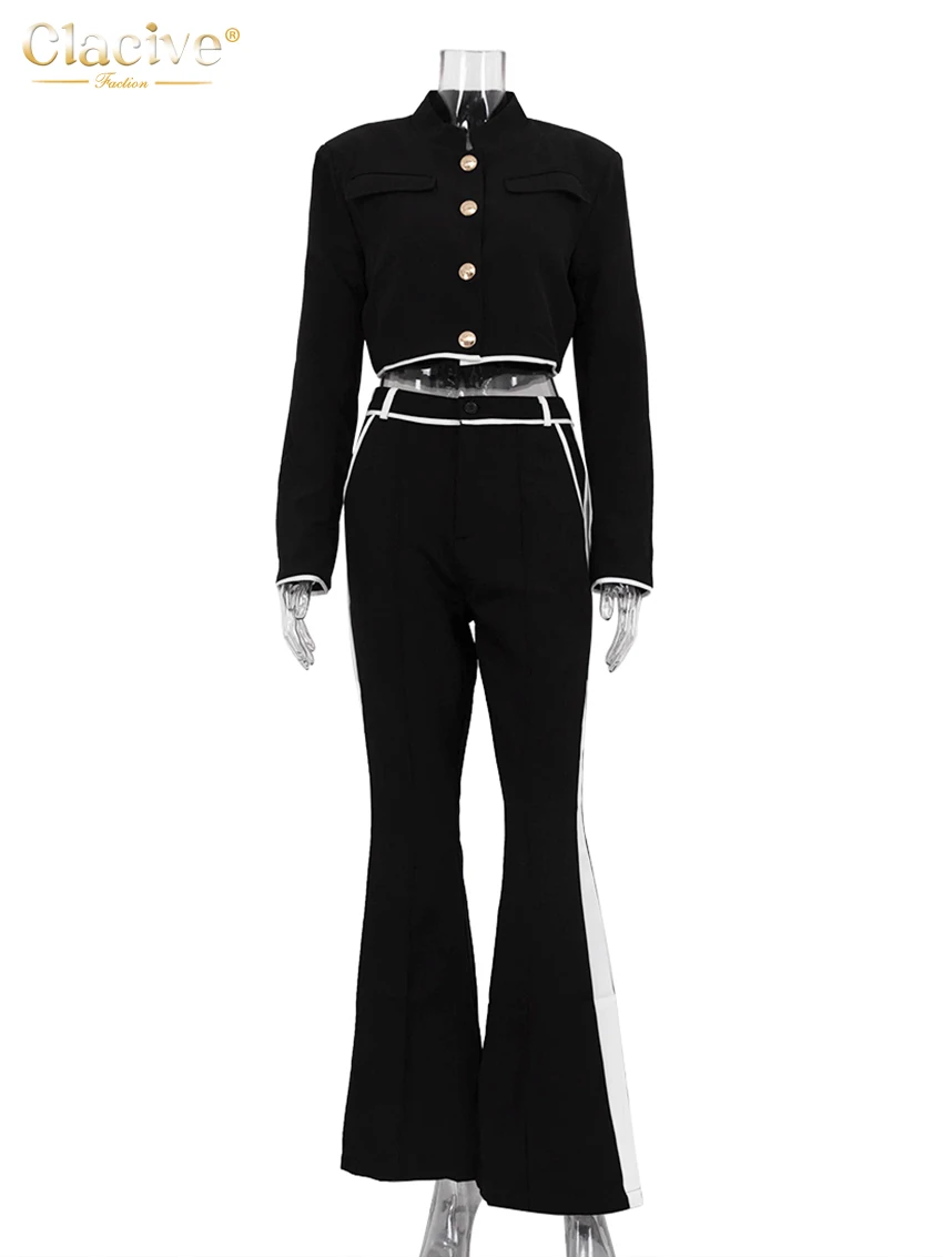 Clacive Sexy Slim Black 2 Piece Set Women Outfit 2024 Fashion Long Sleeve Crop Shirt With High Waist Wide Party Pants Set Female