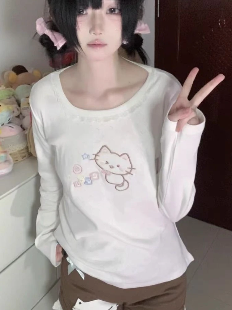 QWEEK Japanese Harajuku Kawaii Cute T Shirt Women Y2k Sweet Cat Embroidery White Lace Long Sleeve Tees 2024 Autumn Fashion