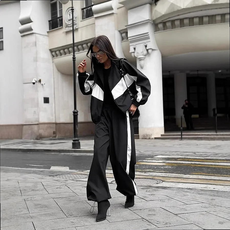 Women's Casual Matching Set Fashion Loose Colorblock Zip Up Hoodie Top and Pants Jumpsuit Playsuit