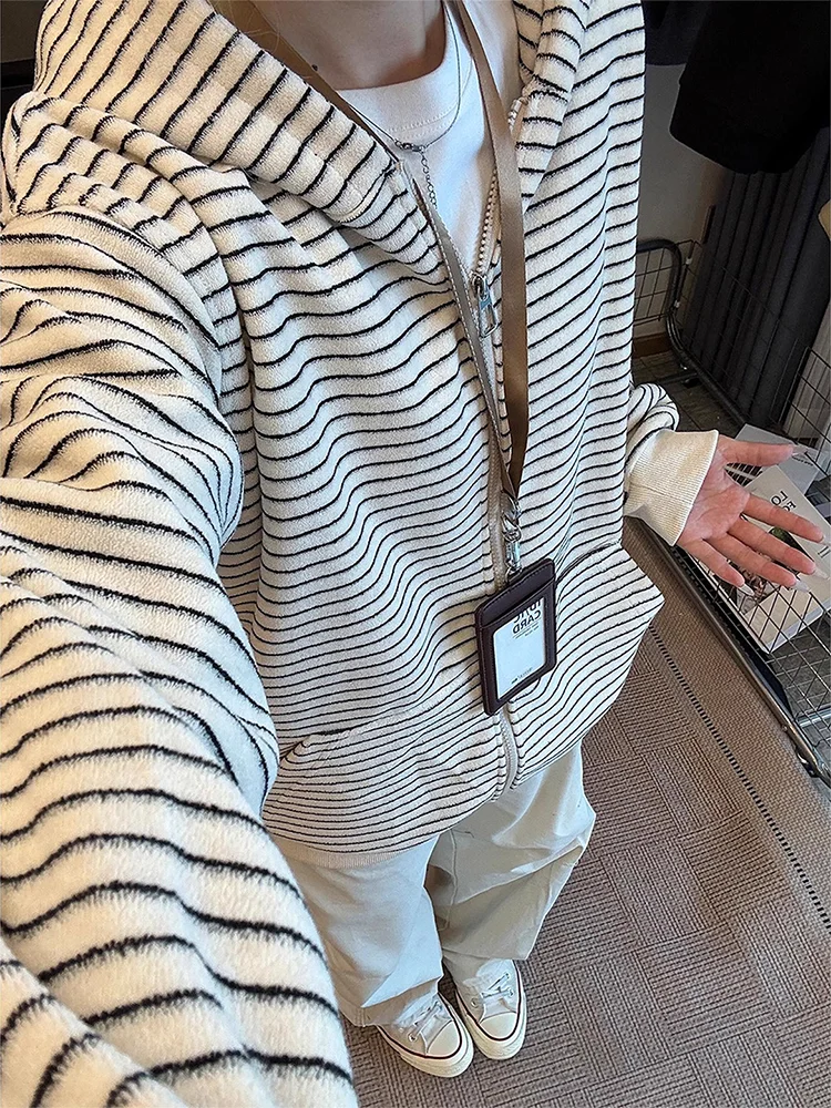 

American Retro Striped Fce Feel Open Cardigan Women's Sle Autumn Lazy Loose Knitted Sweater Couple Hooded Jaet