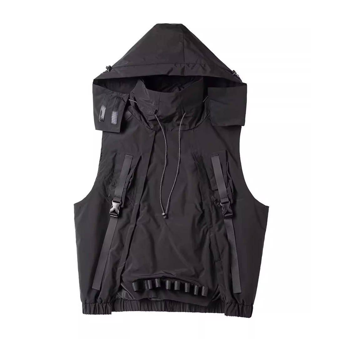 2024 Hooded Function Vest Men Hip Hop Streetwear Tactical Sleeveless Coat Jacket Multiple Pockets Tactical Vest