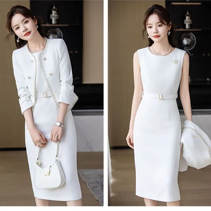 Primavera outono moda feminina roupa moda jaqueta curta + vestido de alça conjunto de duas peças elegante sem mangas suspensórios vestidos ternos