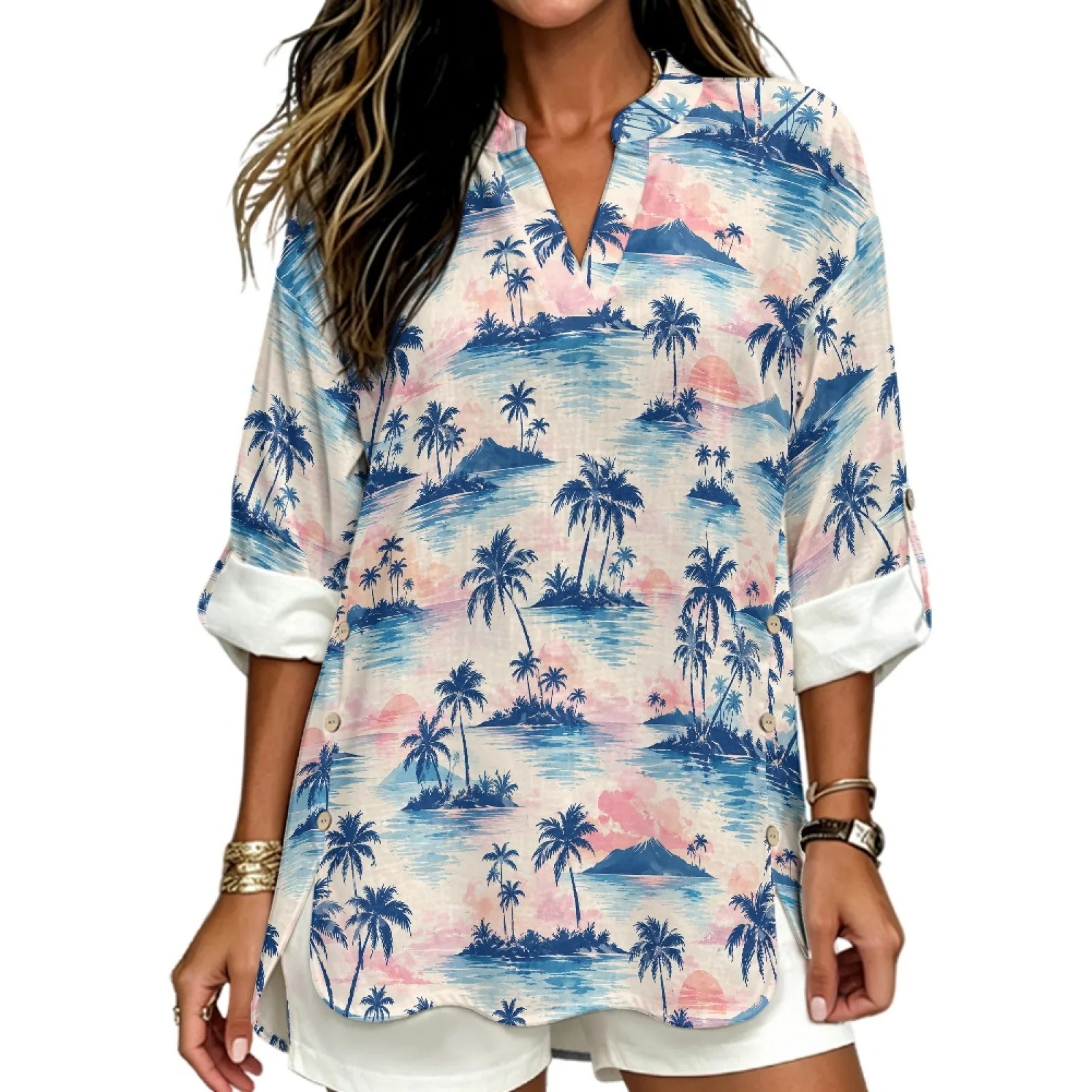 PENSTROLL Palm Island Print Linen Like Long Sleeve Tops Trendy Causal Shirt for Women Sizes S-5XL